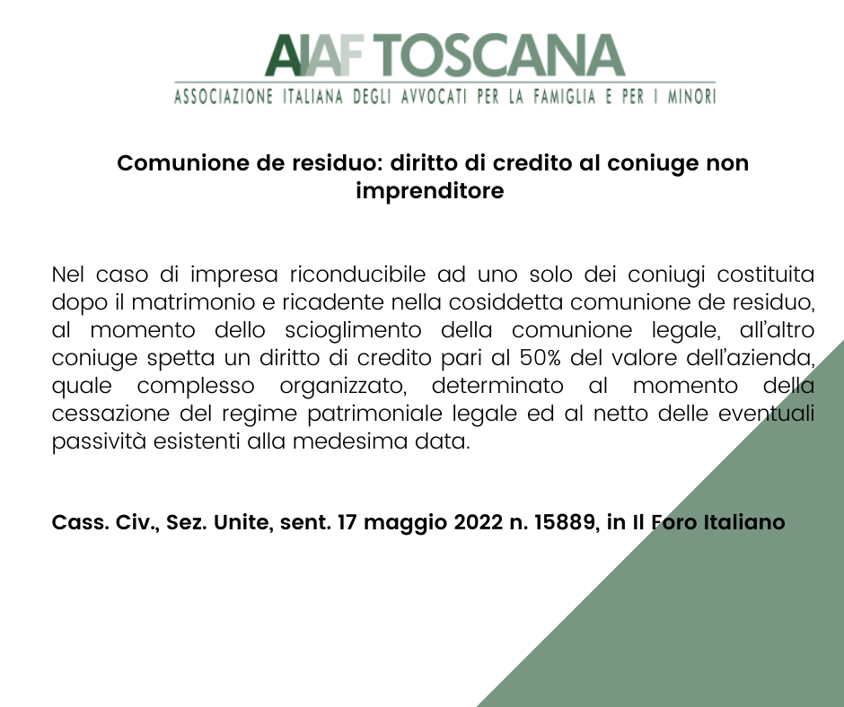 Comunione de residuo: diritto di credito al coniuge non imprenditore 